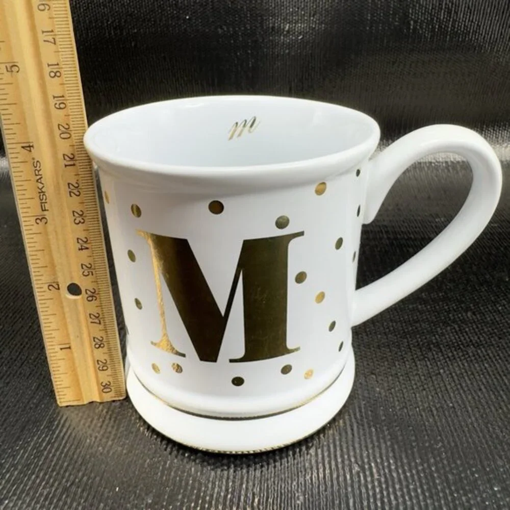 Pier 1 Imports Stoneware Coffee Mug Cup Monogram Letter M‎ White Gold Dots Mug